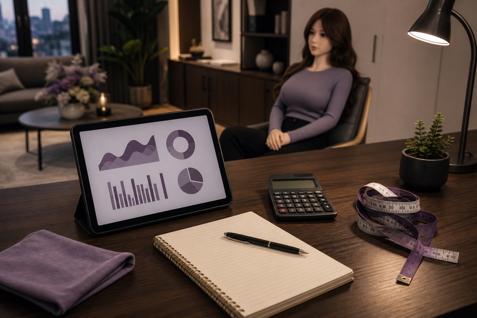 Tablet mit Kostenübersicht, Taschenrechner und Maßband vor einer vollständig bekleideten Companion-Doll