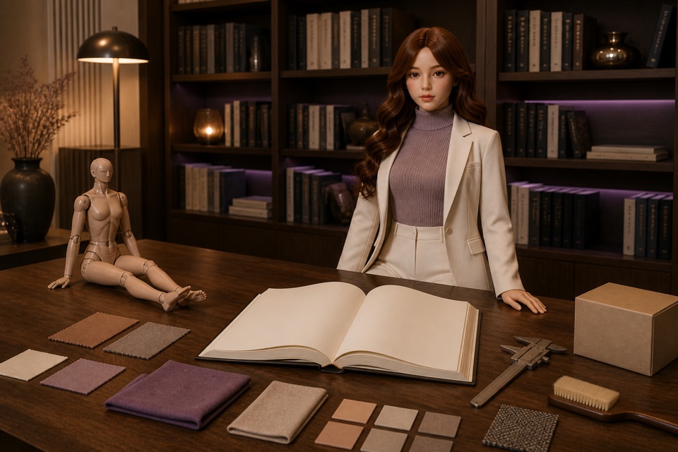 Offenes Nachschlagewerk mit Material-, Gelenk-, Maß- und Pflegesymbolen neben einer Companion-Doll