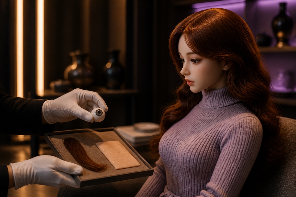Detailansicht einer vollständig bekleideten Companion-Doll mit Augen-, Haar- und Hautmustern