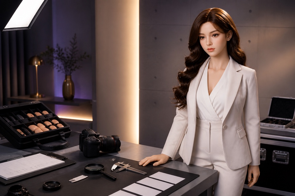 Vollständig bekleidete Companion-Doll an einem professionellen Prüfplatz mit Kamera und Messwerkzeugen