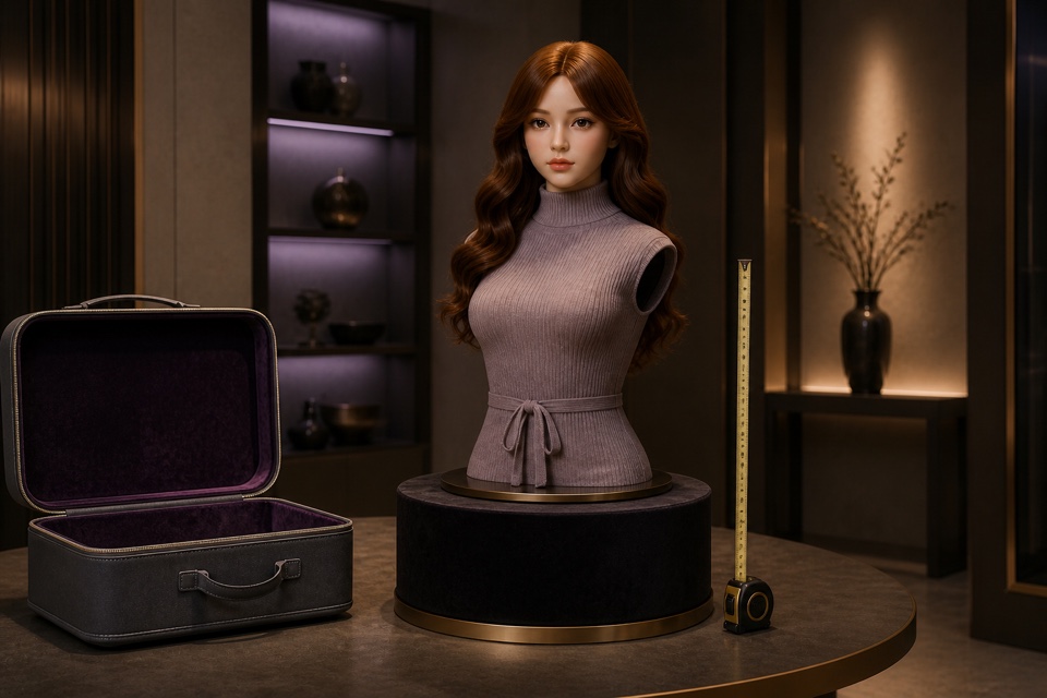 Vollständig bekleideter Companion-Doll-Torso auf einem hochwertigen Produktpodest mit Transportkoffer