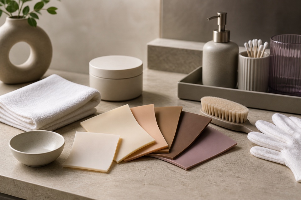 TPE-Materialmuster mit weichen Tüchern, Handschuhen und neutralem Pflegezubehör